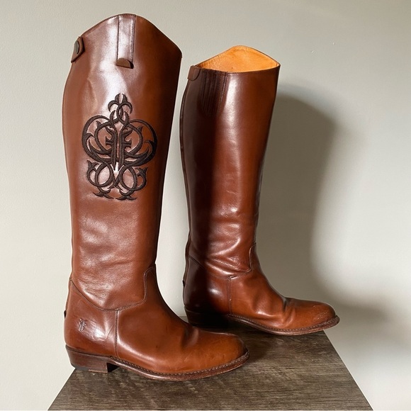 Frye Shoes - Frye Embroidered Logo Brown Equestrian Tall Riding Boots Back Zipper Size 8